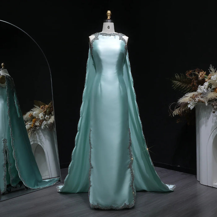 Luxury Mint Green Satin Crystal Cape Evening Dress SS503-DreamyVow