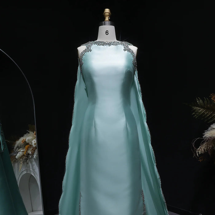 Luxury Mint Green Satin Crystal Cape Evening Dress SS503-DreamyVow