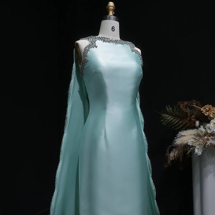 Luxury Mint Green Satin Crystal Cape Evening Dress SS503-DreamyVow