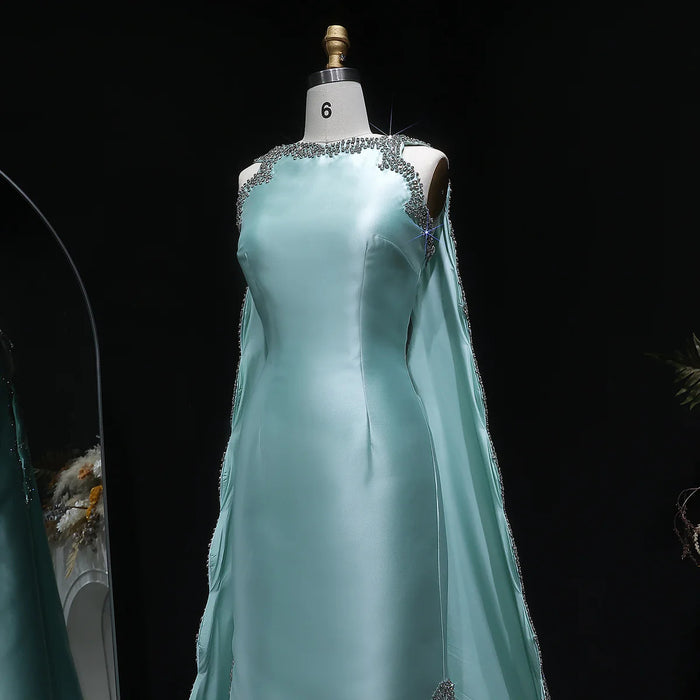 Luxury Mint Green Satin Crystal Cape Evening Dress SS503-DreamyVow