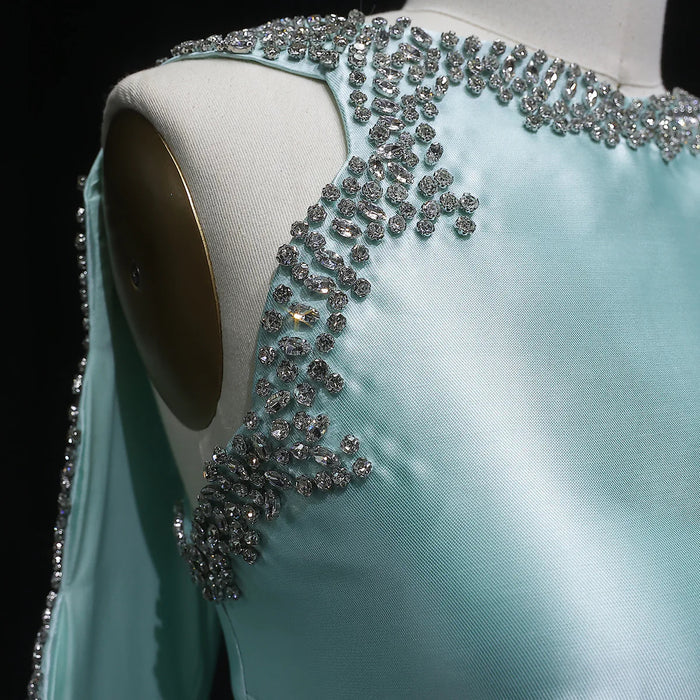 Luxury Mint Green Satin Crystal Cape Evening Dress SS503-DreamyVow