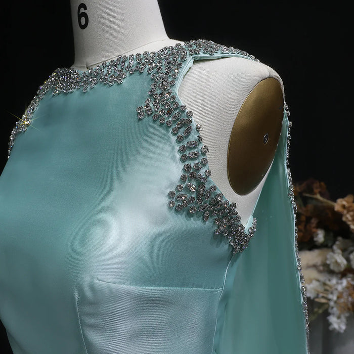 Luxury Mint Green Satin Crystal Cape Evening Dress SS503-DreamyVow