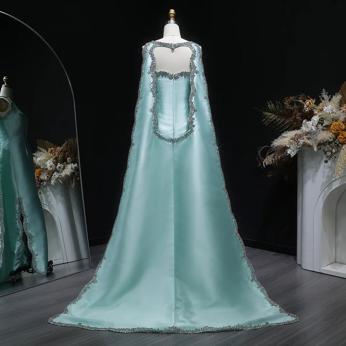 Luxury Mint Green Satin Crystal Cape Evening Dress SS503-DreamyVow