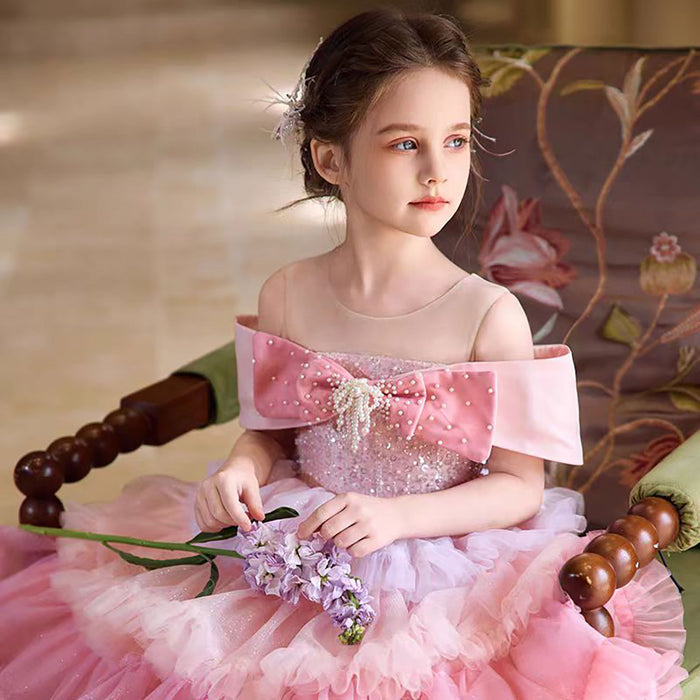 Luxury Off Shoulder Pink Tiered Crystal Flower Girl Dress D320