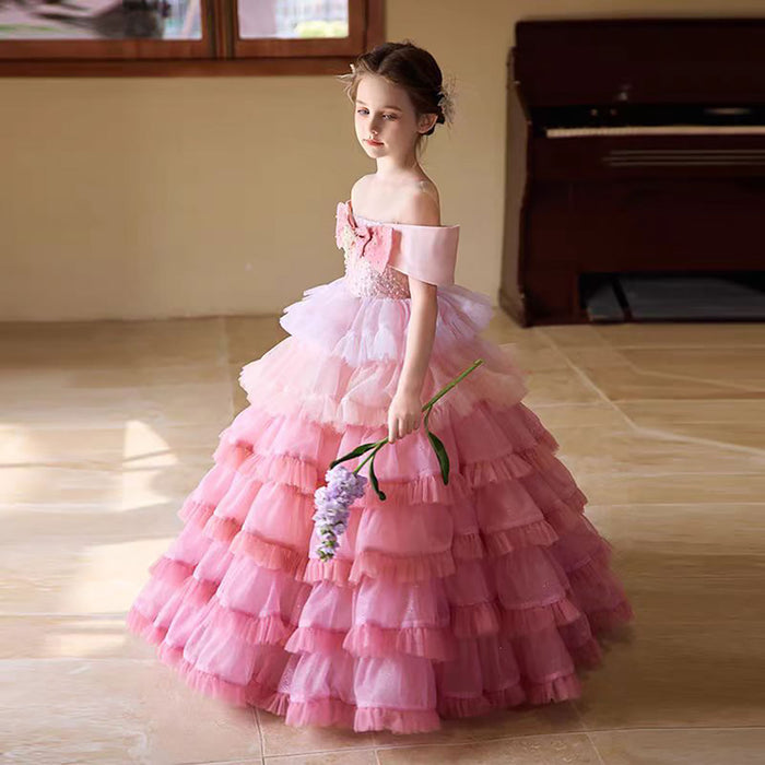 Luxury Off Shoulder Pink Tiered Crystal Flower Girl Dress D320