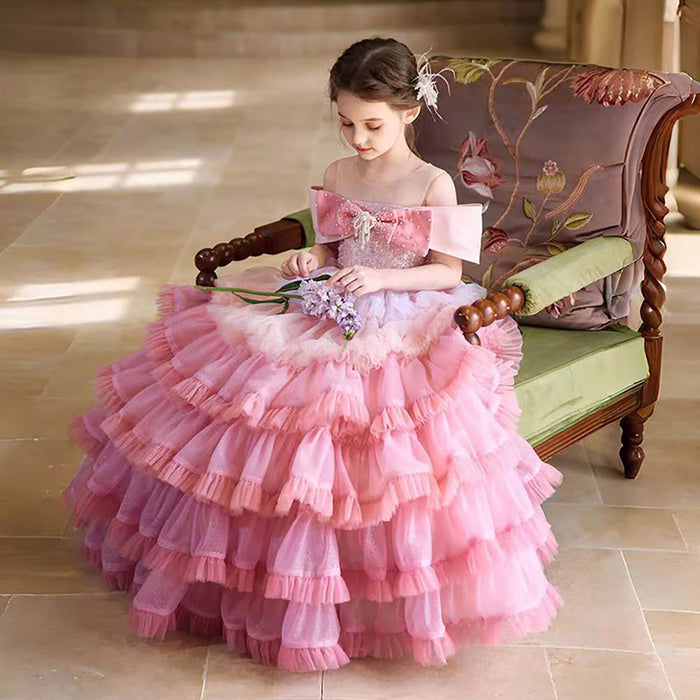 Luxury Off Shoulder Pink Tiered Crystal Flower Girl Dress D320