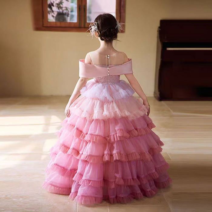 Luxury Off Shoulder Pink Tiered Crystal Flower Girl Dress D320
