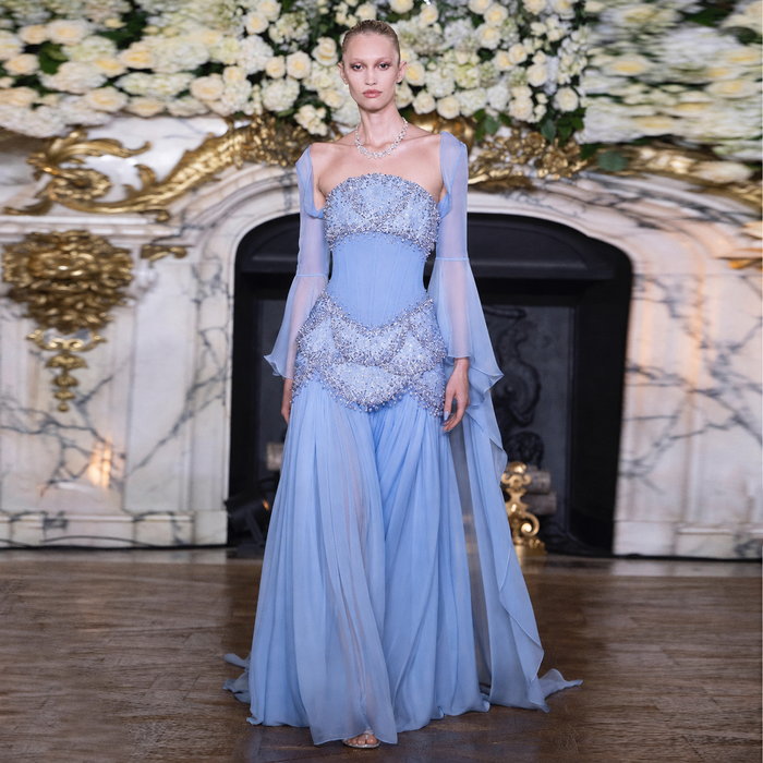 Luxury Pearls Tassel Blue Evening Dress with Flowing Coat SS286