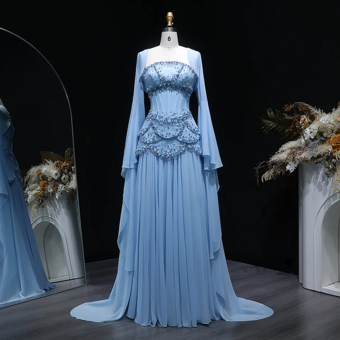 Luxury Pearls Tassel Blue Evening Dress with Flowing coat SS286-DreamyVow
