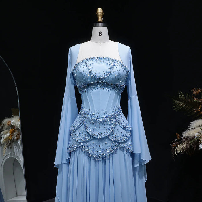Luxury Pearls Tassel Blue Evening Dress with Flowing coat SS286-DreamyVow