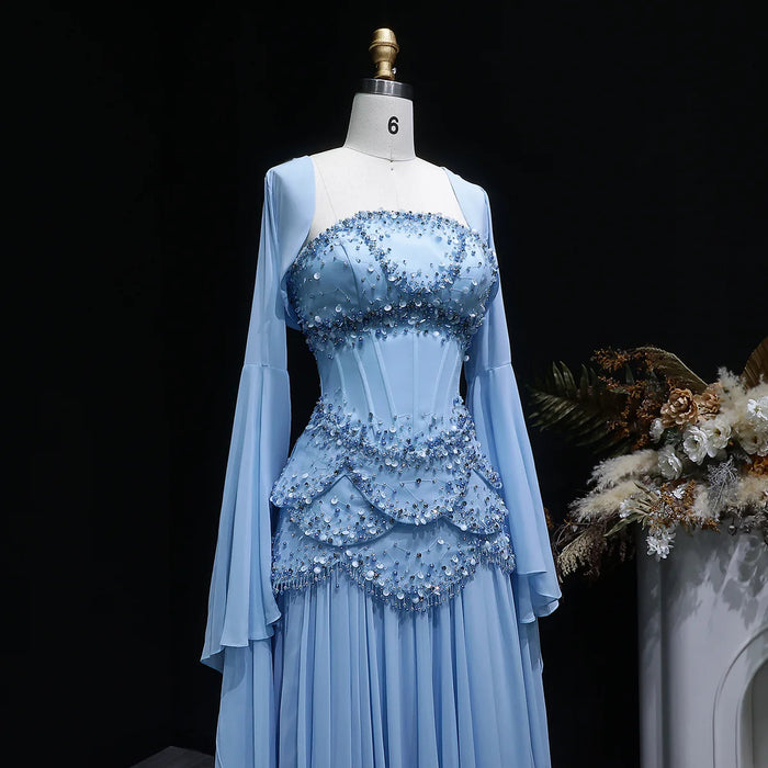 Luxury Pearls Tassel Blue Evening Dress with Flowing coat SS286-DreamyVow