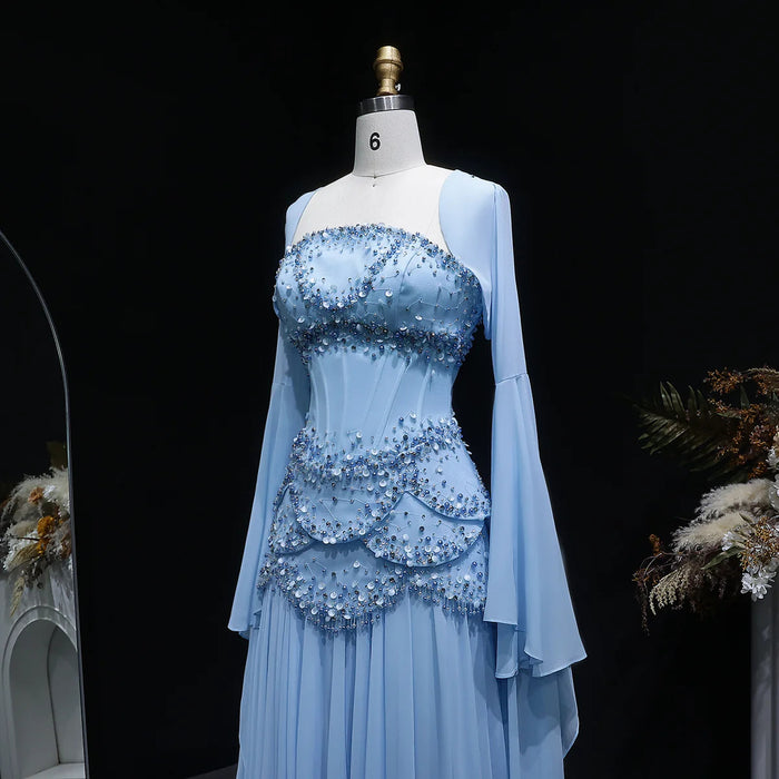 Luxury Pearls Tassel Blue Evening Dress with Flowing coat SS286-DreamyVow