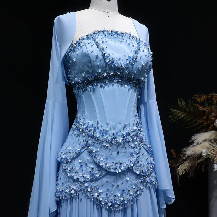 Luxury Pearls Tassel Blue Evening Dress with Flowing coat SS286-DreamyVow