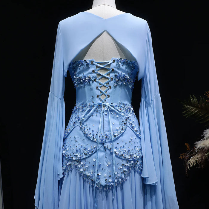 Luxury Pearls Tassel Blue Evening Dress with Flowing coat SS286-DreamyVow
