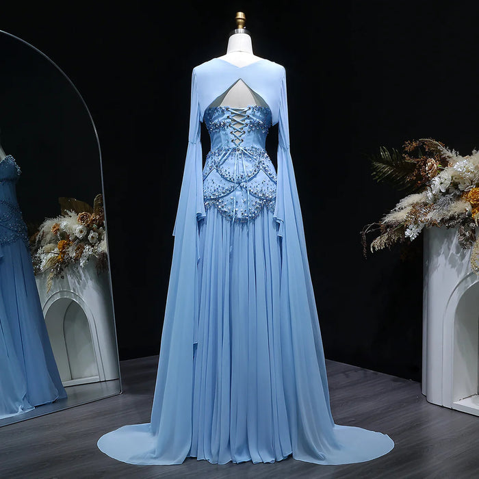 Luxury Pearls Tassel Blue Evening Dress with Flowing coat SS286-DreamyVow