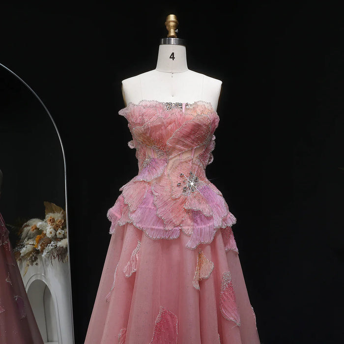 Luxury Pink 3D Floral Beaded Ball Gown Evening Dress SS749-DreamyVow