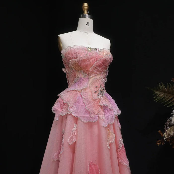 Luxury Pink 3D Floral Beaded Ball Gown Evening Dress SS749-DreamyVow