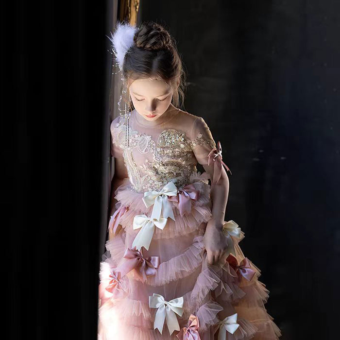 Luxury Pink A-Line Beading Girl Dress Princess Birthday Gown J084