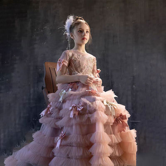 Luxury Pink A-Line Beading Girl Dress Princess Birthday Gown J084