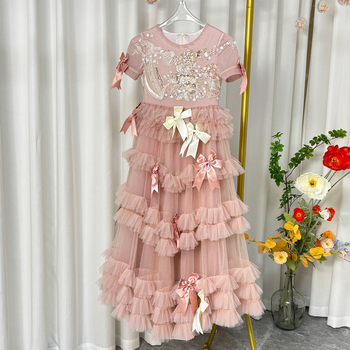 Luxury Pink A-Line Beading Girl Dress Princess Birthday Gown J084