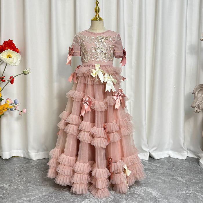 Luxury Pink A-Line Beading Girl Dress Princess Birthday Gown J084