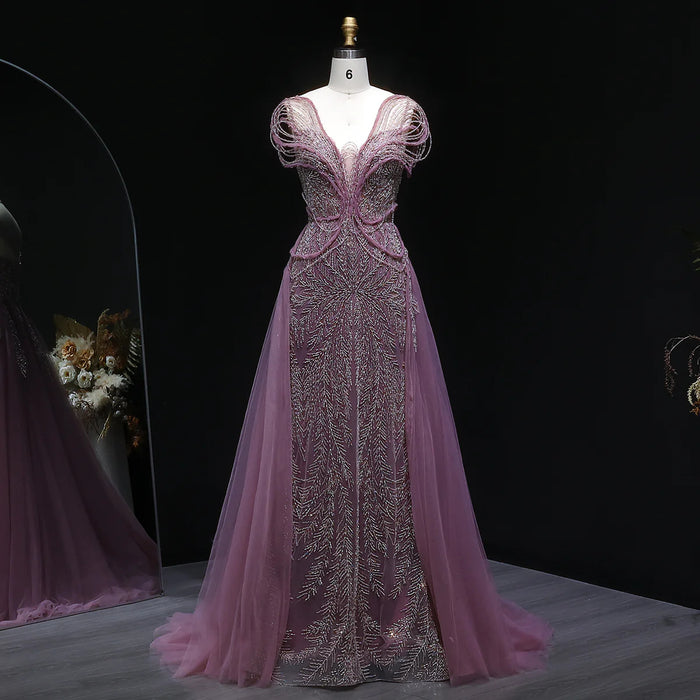 Luxury Pink Crystal Beaded Prom Dress with OverSkirt SS718-DreamyVow