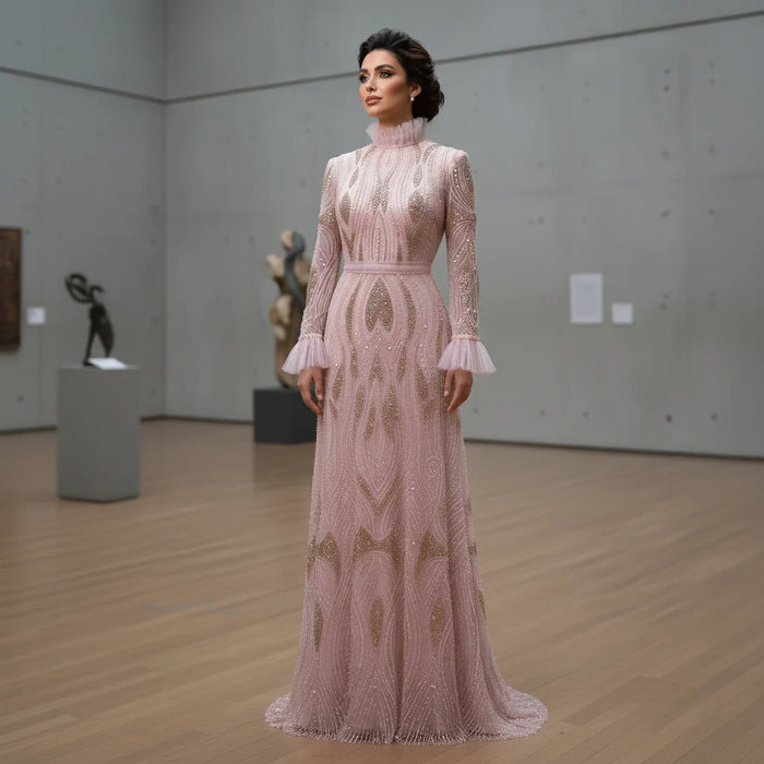Luxury Pink High-Neck Beaded Evening Dress with Embroidered SS386-DreamyVow
