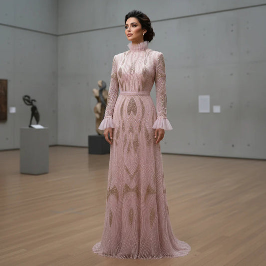 Luxury Pink High-Neck Beaded Evening Dress with Embroidered SS386-DreamyVow
