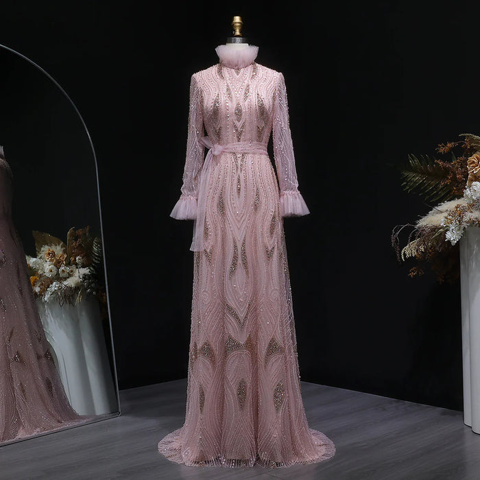 Luxury Pink High-Neck Beaded Evening Dress with Embroidered SS386-DreamyVow