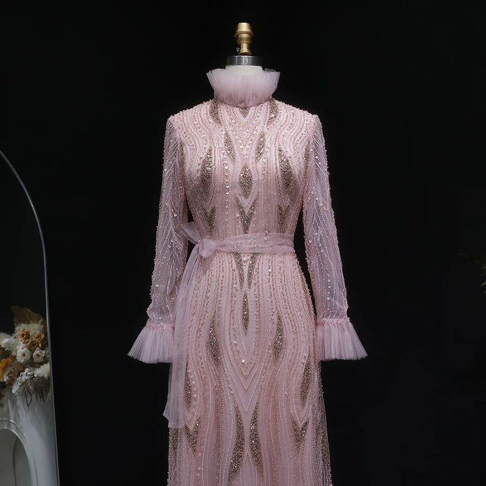 Luxury Pink High-Neck Beaded Evening Dress with Embroidered SS386-DreamyVow