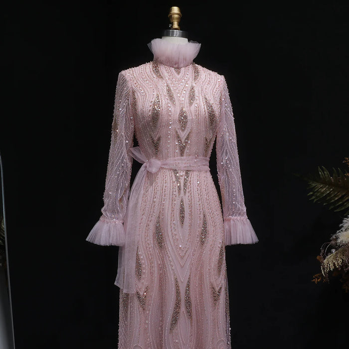 Luxury Pink High-Neck Beaded Evening Dress with Embroidered SS386-DreamyVow