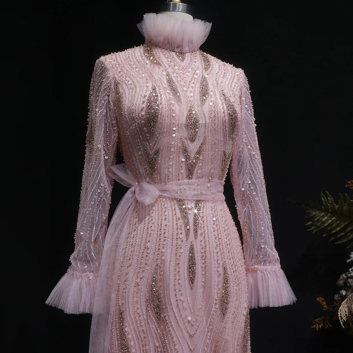 Luxury Pink High-Neck Beaded Evening Dress with Embroidered SS386-DreamyVow