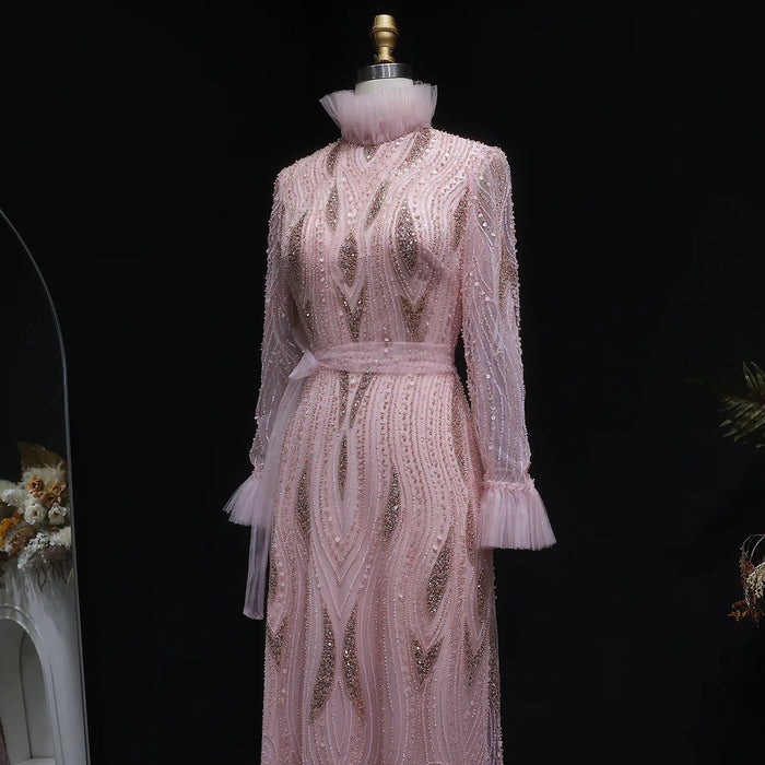 Luxury Pink High-Neck Beaded Evening Dress with Embroidered SS386-DreamyVow