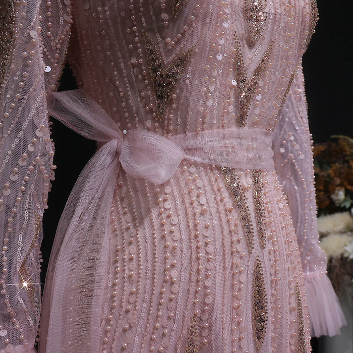 Luxury Pink High-Neck Beaded Evening Dress with Embroidered SS386-DreamyVow