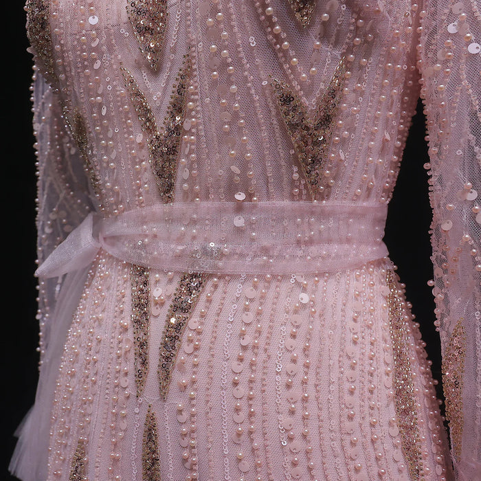 Luxury Pink High-Neck Beaded Evening Dress with Embroidered SS386-DreamyVow