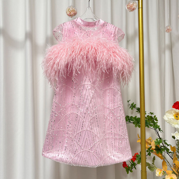 Luxury Pink Princess Girl Dress with Feathers Beading J395