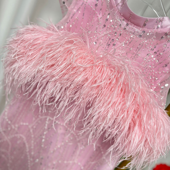 Luxury Pink Princess Girl Dress with Feathers Beading J395