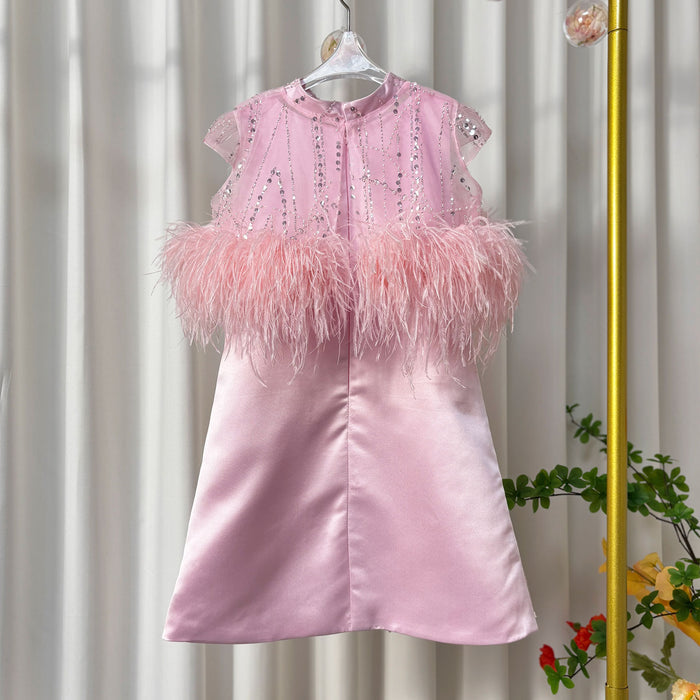 Luxury Pink Princess Girl Dress with Feathers Beading J395