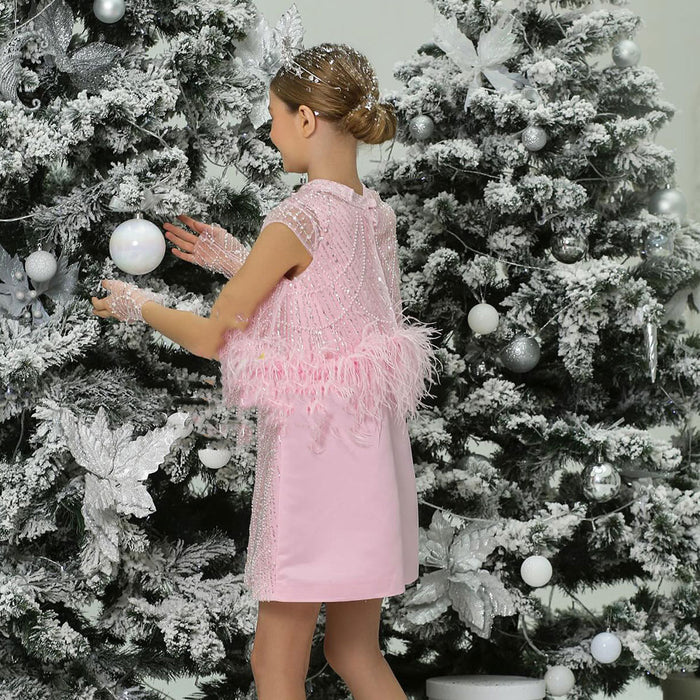 Luxury Pink Princess Girl Dress with Feathers Beading J395