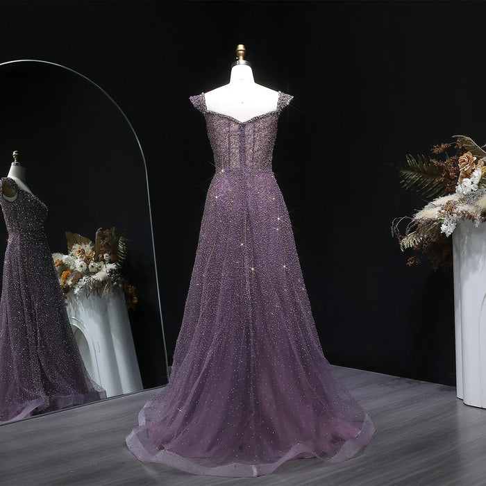 Luxury Purple Sequin Crystal A Line Evening Gown SS703-DreamyVow