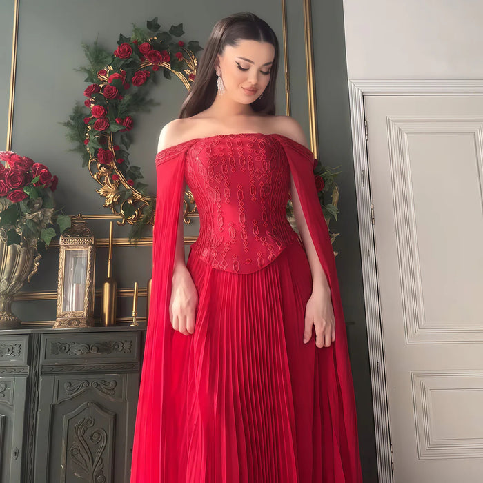 Luxury Red Beaded Corset Flowing Cape Sleeves Evening Dress SS349-DreamyVow