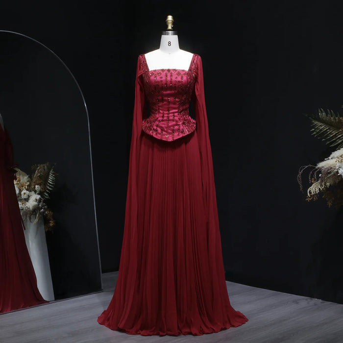 Luxury Red Beaded Corset Flowing Cape Sleeves Evening Dress SS349-DreamyVow