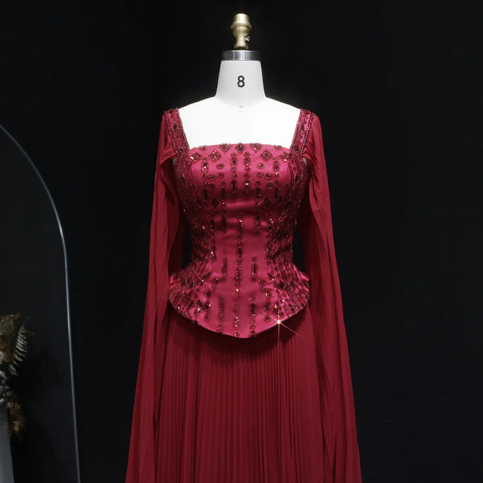 Luxury Red Beaded Corset Flowing Cape Sleeves Evening Dress SS349-DreamyVow