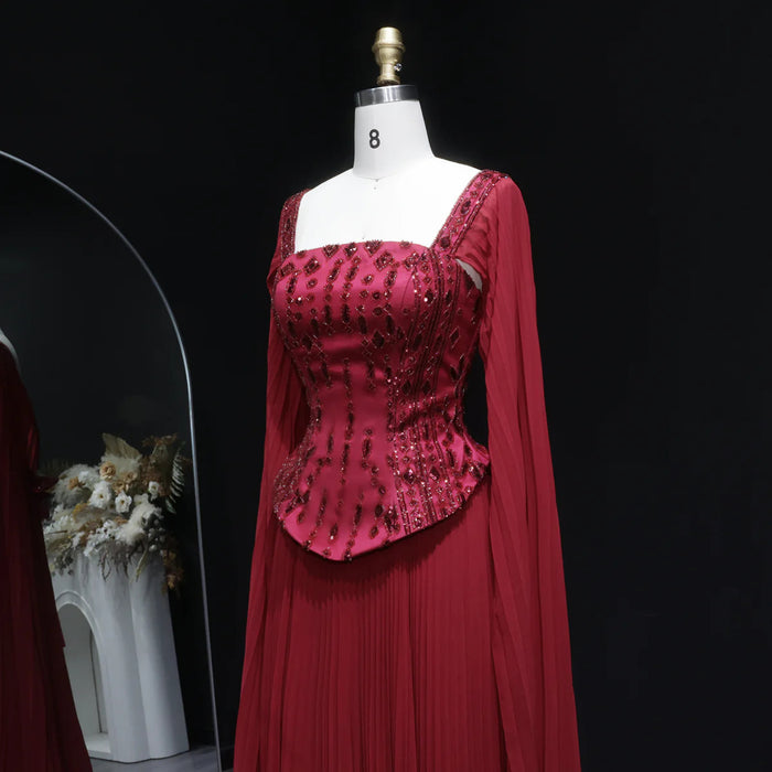 Luxury Red Beaded Corset Flowing Cape Sleeves Evening Dress SS349-DreamyVow