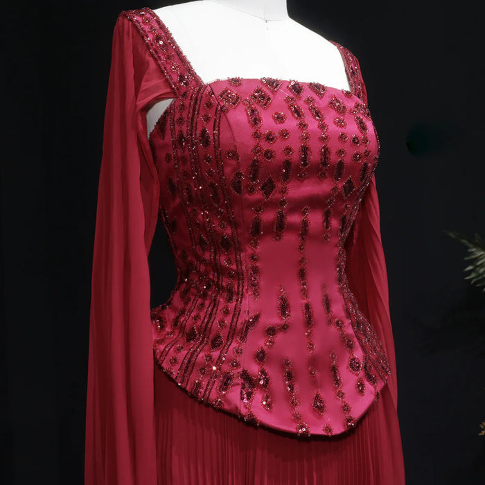 Luxury Red Beaded Corset Flowing Cape Sleeves Evening Dress SS349-DreamyVow