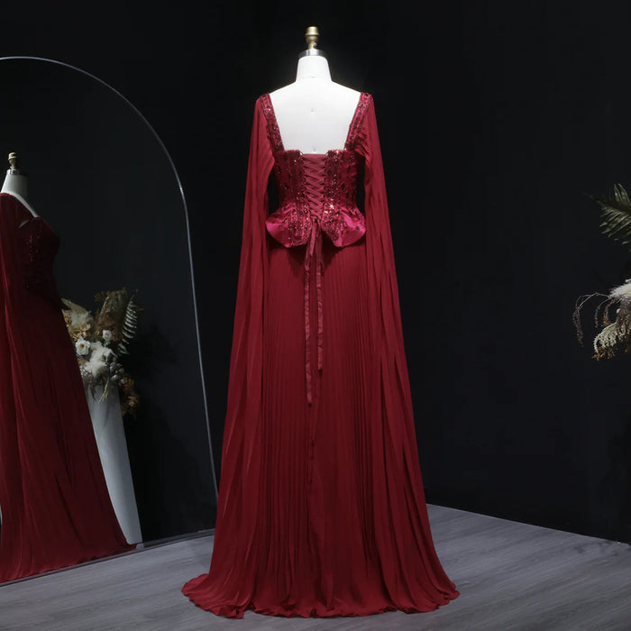 Luxury Red Beaded Corset Flowing Cape Sleeves Evening Dress SS349-DreamyVow