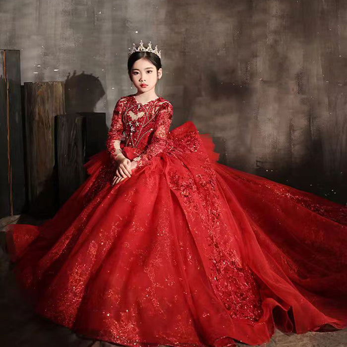Luxury Red Crystal Birthday Party Girl Dress Long Sleeve J335