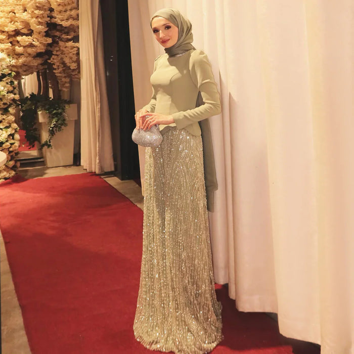 Luxury Sage Green Modest Hijab-Style beaded Evening Dress SS613-DreamyVow