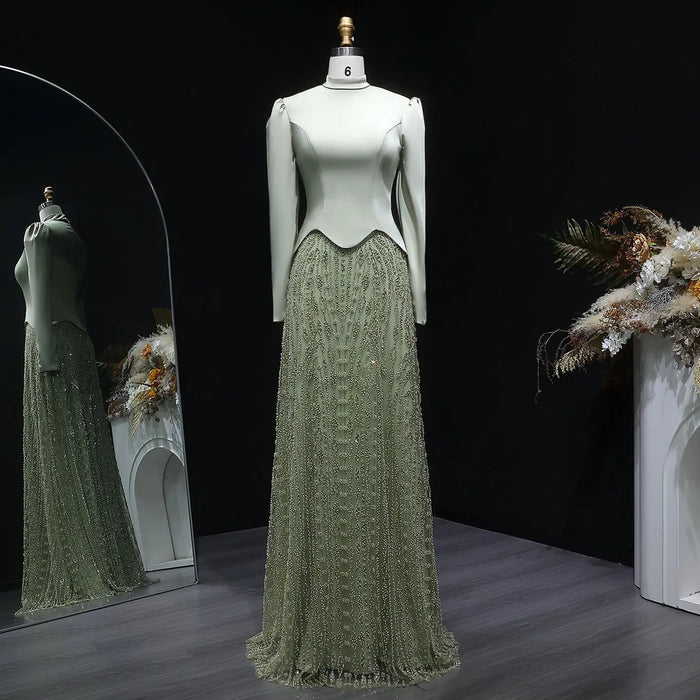 Luxury Sage Green Modest Hijab-Style beaded Evening Dress SS613-DreamyVow