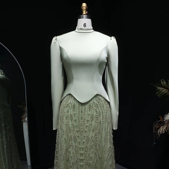 Luxury Sage Green Modest Hijab-Style beaded Evening Dress SS613-DreamyVow